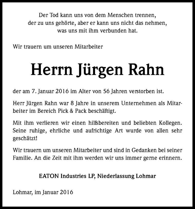  Traueranzeige für Jürgen Rahn vom 16.01.2016 aus Kölner Stadt-Anzeiger / Kölnische Rundschau / Express