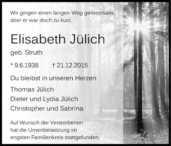 Anzeige von Elisabeth Jülich von Kölner Stadt-Anzeiger / Kölnische Rundschau / Express