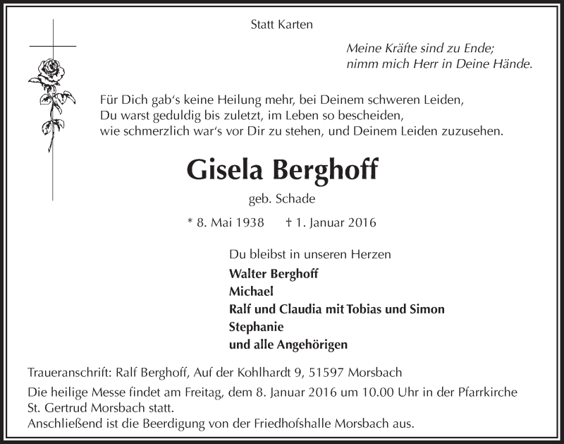  Traueranzeige für Gisela Berghoff vom 06.01.2016 aus  Lokalanzeiger 