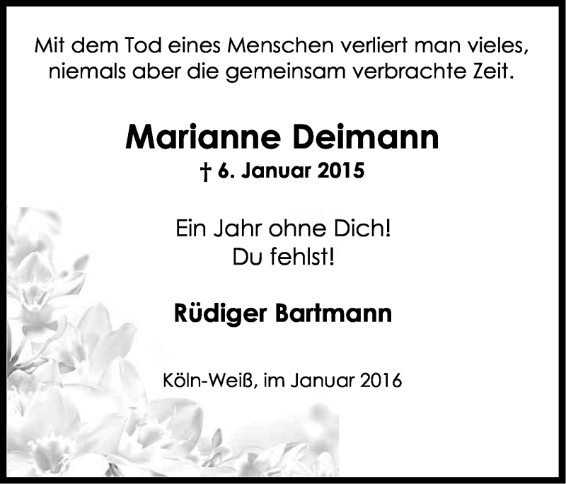  Traueranzeige für Marianne Deimann vom 06.01.2016 aus Kölner Stadt-Anzeiger / Kölnische Rundschau / Express