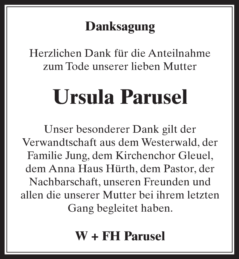  Traueranzeige für Ursula Parusel vom 27.01.2016 aus  Wochenende 