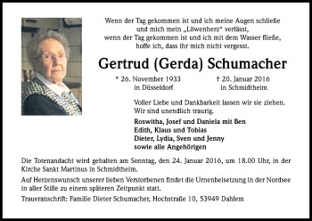 Anzeige von Gertrud Schumacher von Kölner Stadt-Anzeiger / Kölnische Rundschau / Express