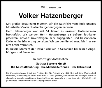 Anzeige von Volker Hatzenberger von Kölner Stadt-Anzeiger / Kölnische Rundschau / Express