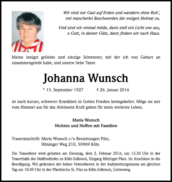 Anzeige von Johanna Wunsch von Kölner Stadt-Anzeiger / Kölnische Rundschau / Express