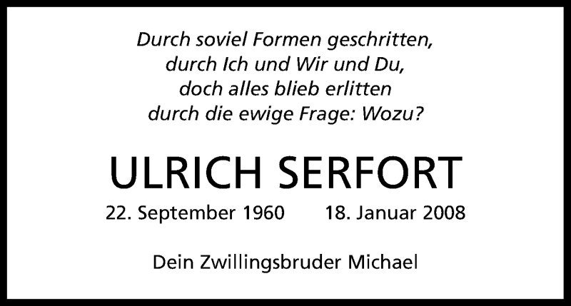  Traueranzeige für Ulrich Serfort vom 18.01.2016 aus Kölner Stadt-Anzeiger / Kölnische Rundschau / Express