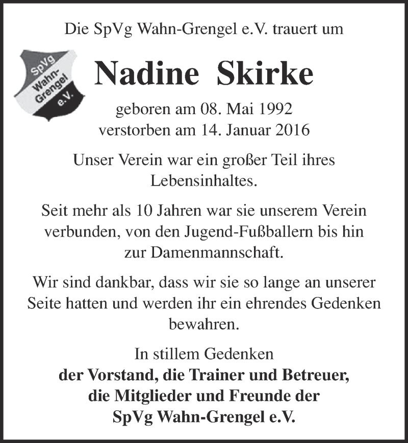  Traueranzeige für Nadine Skirke vom 20.01.2016 aus  Kölner Wochenspiegel 