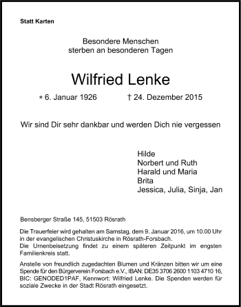 Anzeige von Wilfried Lenke von Kölner Stadt-Anzeiger / Kölnische Rundschau / Express