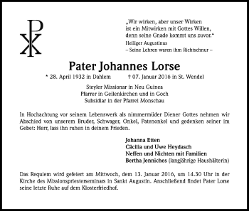 Anzeige von Johannes Lorse von Kölner Stadt-Anzeiger / Kölnische Rundschau / Express