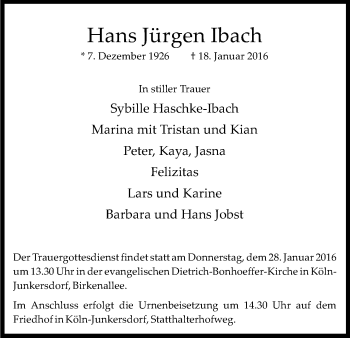 Anzeige von Hans Jürgen Ibach von Kölner Stadt-Anzeiger / Kölnische Rundschau / Express