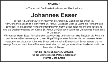 Anzeige von Johannes Esser von  Blickpunkt Euskirchen 