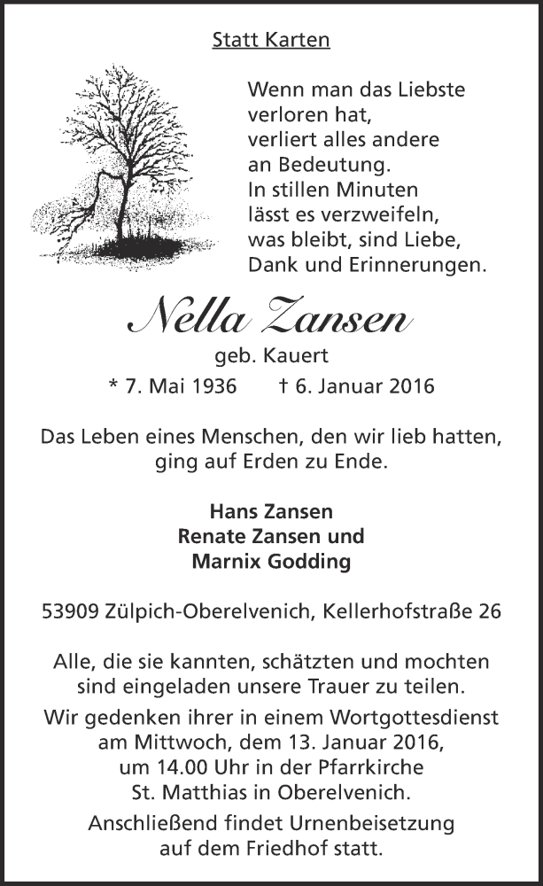  Traueranzeige für Nella Zansen vom 10.01.2016 aus  Blickpunkt Euskirchen 