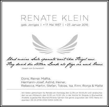 Anzeige von Renate Klein von Kölner Stadt-Anzeiger / Kölnische Rundschau / Express