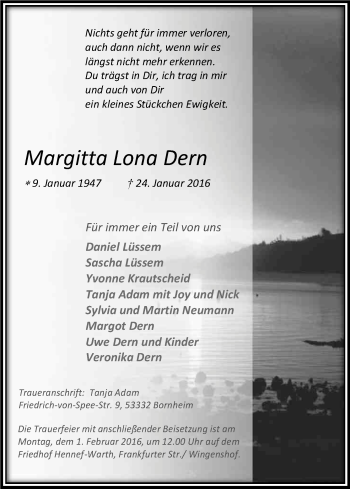Anzeige von Margitta Lona Dern von Kölner Stadt-Anzeiger / Kölnische Rundschau / Express