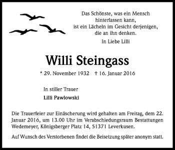 Anzeige von Willi Steingass von Kölner Stadt-Anzeiger / Kölnische Rundschau / Express