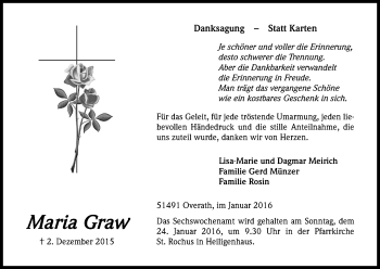 Anzeige von Maria Graw von Kölner Stadt-Anzeiger / Kölnische Rundschau / Express
