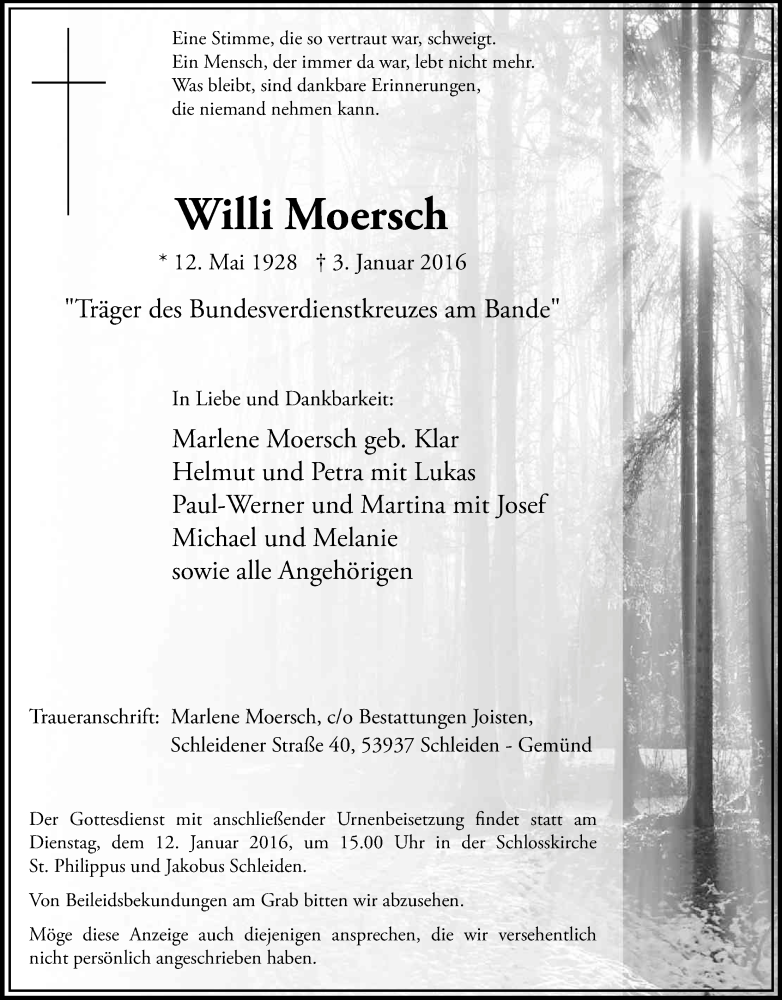  Traueranzeige für Willi Moersch vom 09.01.2016 aus Kölner Stadt-Anzeiger / Kölnische Rundschau / Express