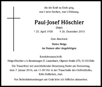 Anzeige von Paul-Josef Höschler von Kölner Stadt-Anzeiger / Kölnische Rundschau / Express