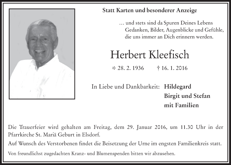  Traueranzeige für Herbert Kleefisch vom 27.01.2016 aus  Werbepost 
