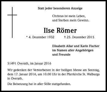 Anzeige von Ilse Römer von Kölner Stadt-Anzeiger / Kölnische Rundschau / Express