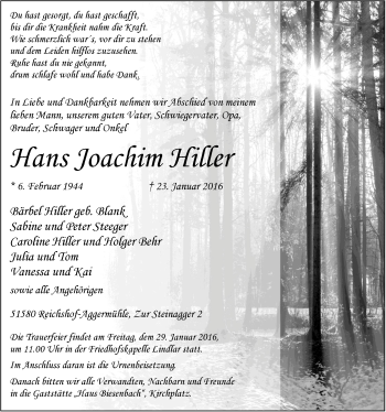 Anzeige von Hans Joachim Hiller von  Anzeigen Echo 