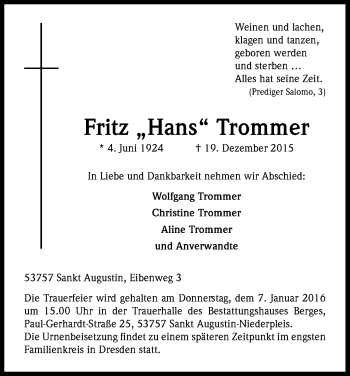 Anzeige von Fritz Trommer von Kölner Stadt-Anzeiger / Kölnische Rundschau / Express