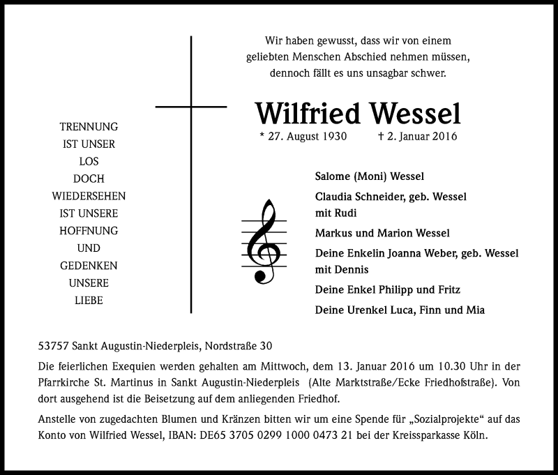  Traueranzeige für Wilfried Wessel vom 06.01.2016 aus Kölner Stadt-Anzeiger / Kölnische Rundschau / Express