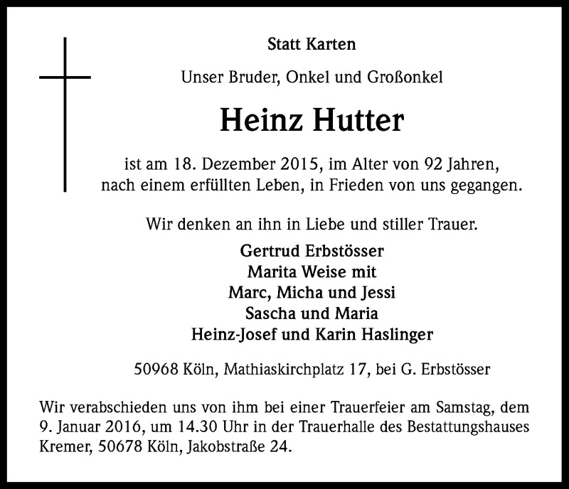  Traueranzeige für Heinz Hutter vom 02.01.2016 aus Kölner Stadt-Anzeiger / Kölnische Rundschau / Express