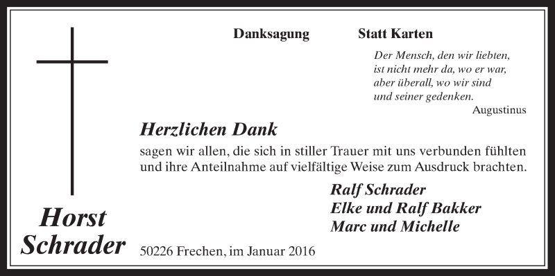  Traueranzeige für Horst Schrader vom 27.01.2016 aus  Wochenende 