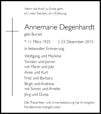 Anzeige von Annemarie Degenhardt von Kölner Stadt-Anzeiger / Kölnische Rundschau / Express