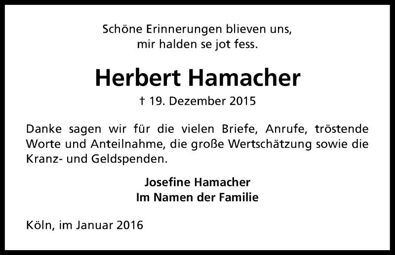  Traueranzeige für Herbert Hamacher vom 30.01.2016 aus Kölner Stadt-Anzeiger / Kölnische Rundschau / Express