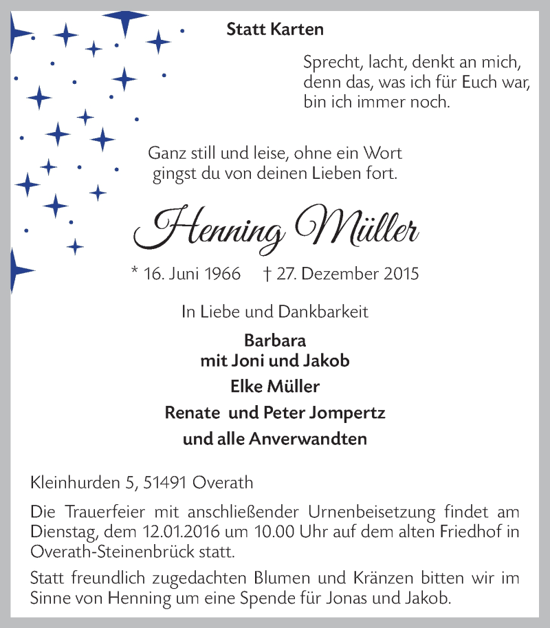  Traueranzeige für Henning Müller vom 06.01.2016 aus  Bergisches Handelsblatt 