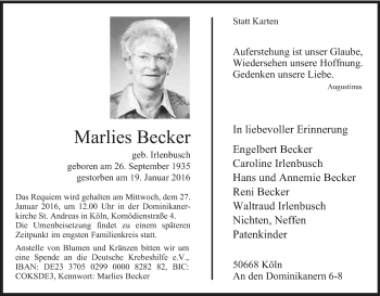 Anzeige von Marlies Becker von Kölner Stadt-Anzeiger / Kölnische Rundschau / Express