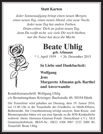 Anzeige von Beate Uhlig von  Wochenende 