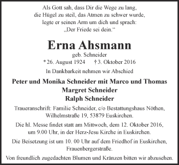 Anzeige von Erna Ahsmann von  Blickpunkt Euskirchen 
