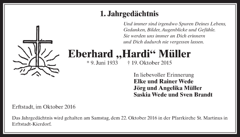  Traueranzeige für Eberhard Müller vom 19.10.2016 aus  Werbepost 