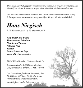 Anzeige von Hans Niegisch von Kölner Stadt-Anzeiger / Kölnische Rundschau / Express