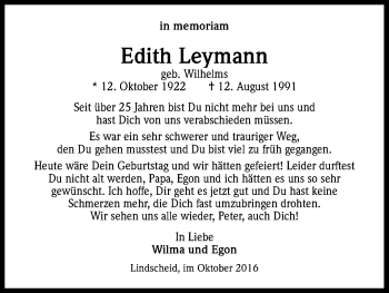 Anzeige von Edith Leymann von Kölner Stadt-Anzeiger / Kölnische Rundschau / Express