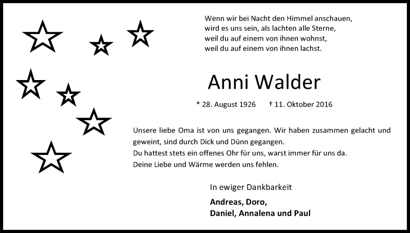  Traueranzeige für Anni Walder vom 17.10.2016 aus Kölner Stadt-Anzeiger / Kölnische Rundschau / Express
