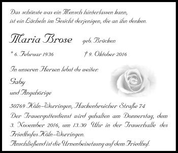 Anzeige von Maria Brose von Kölner Stadt-Anzeiger / Kölnische Rundschau / Express