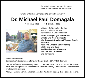 Anzeige von Michael Paul Domagala von Kölner Stadt-Anzeiger / Kölnische Rundschau / Express