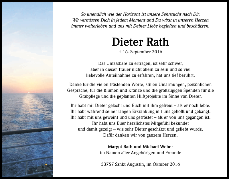  Traueranzeige für Dieter Rath vom 22.10.2016 aus Kölner Stadt-Anzeiger / Kölnische Rundschau / Express