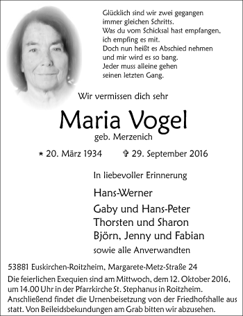 Anzeige von Maria Vogel von  Blickpunkt Euskirchen 