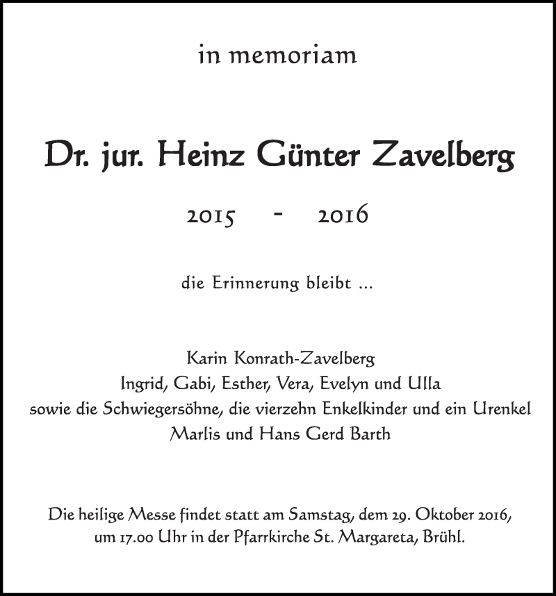  Traueranzeige für Heinz Günter Zavelberg vom 26.10.2016 aus  Schlossbote/Werbekurier 