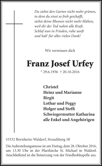 Anzeige von Franz Josef Urfey von  Schaufenster/Blickpunkt  Schlossbote/Werbekurier 