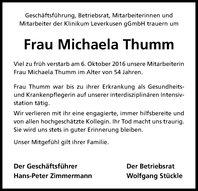  Traueranzeige für Michaela Thumm vom 14.10.2016 aus Kölner Stadt-Anzeiger / Kölnische Rundschau / Express