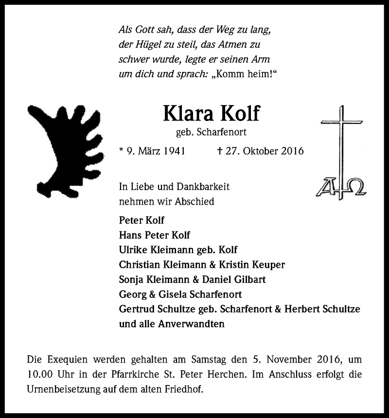  Traueranzeige für Klara Kolf vom 01.11.2016 aus Kölner Stadt-Anzeiger / Kölnische Rundschau / Express