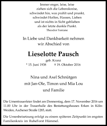 Anzeige von Lieselotte Pausch von Kölner Stadt-Anzeiger / Kölnische Rundschau / Express