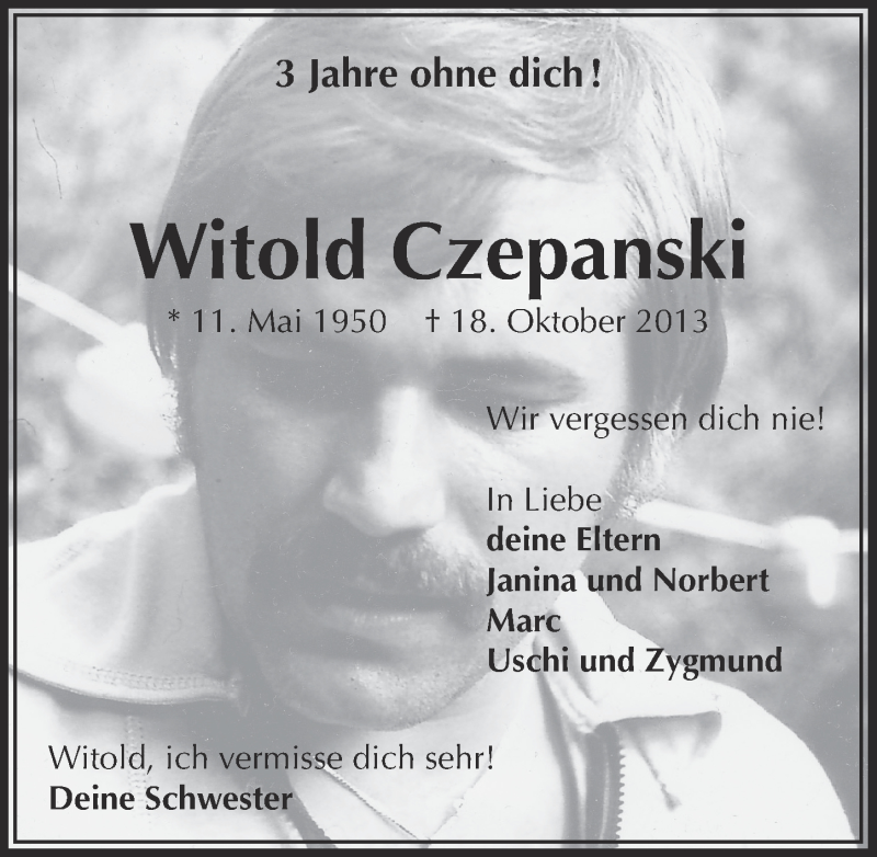  Traueranzeige für Witold Czepanski vom 19.10.2016 aus  Lokale Informationen 