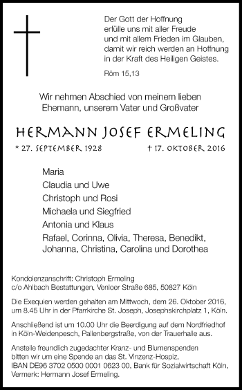 Anzeige von Hermann Josef Ermeling von Kölner Stadt-Anzeiger / Kölnische Rundschau / Express