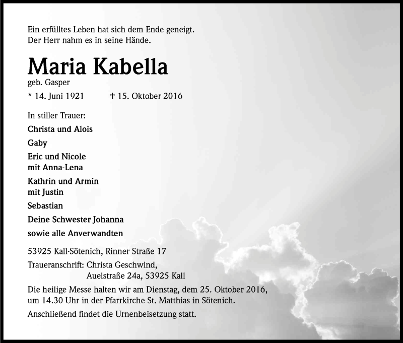  Traueranzeige für Maria Kabella vom 22.10.2016 aus Kölner Stadt-Anzeiger / Kölnische Rundschau / Express